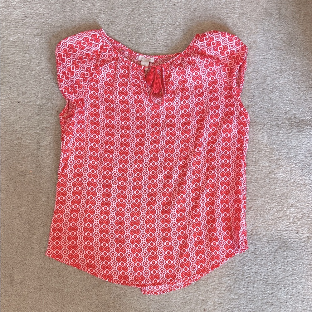 Hinge 100% Cotton Red & White Geometric Cap Sleeve Tie Neck Blouse XS